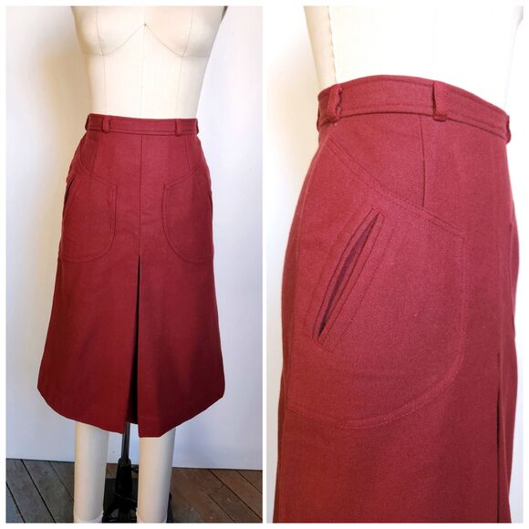 60s 70s Bordeaux WOOL Skirt with POCKETS High Waisted Skirt - Boho Mod XXS - Picture 1 of 8